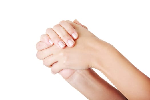 closeup on hands. female. isolated on white.