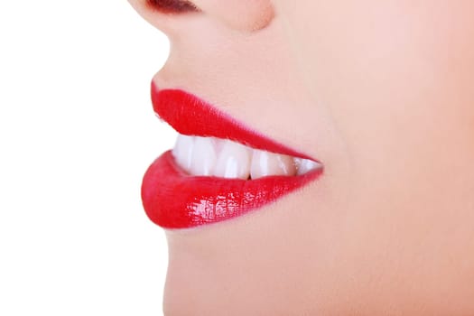 female's red lips. close up. isolated on white.