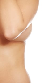 closeup on female body-'s belly,breast,hand. isolated on white.