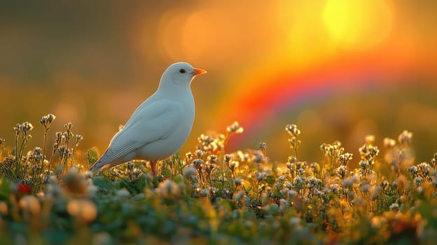 A white dove perched on a colorful rainbow over rolling green hills . peaceful concept..