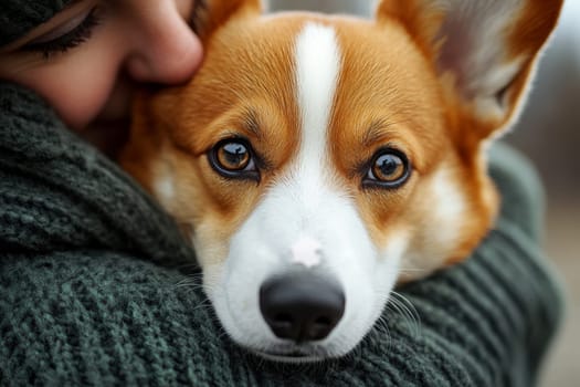 A cute corgi dog looks at the camera while being held by its owner at the vet clinic conveying affection and comfort during a visit. High quality photo