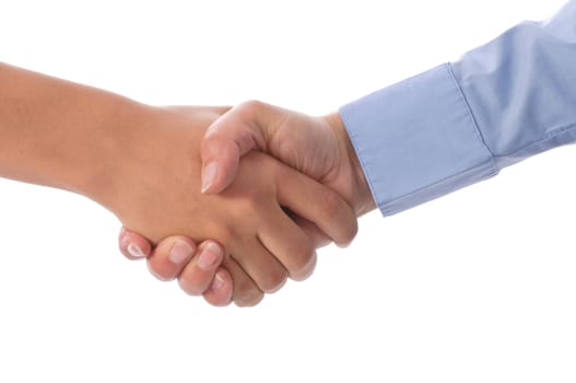 Adult woman and teenage boy clapping and shaking hands against a white background.