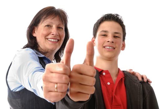 Mother and son get along splendidly and make a "thumbs up"" gesture together in front of a white background."