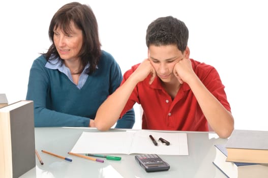 A grown woman,mother helps her son at the desk with homework,studying for the exam,against a white background.