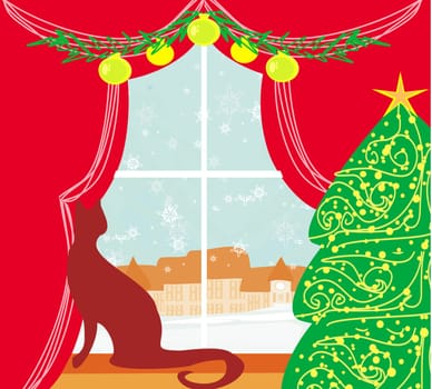 Christmas tree and cat at window