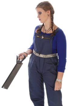 Wildew's teenage girl as an apprentice with blue man (work suit) and braids holds a handsaw in his hand against a white background