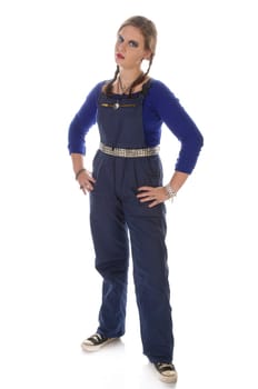 Wildew's teenage girl as an apprentice with blue man (work suit) and braids looks genervert into the camera in front of a white background