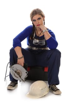 Wildew's teenage girl as a trainee (apprentice) with blue man (work suit) and braids sits frustrated on a toolbox against a white background