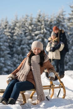 Young woman sitting winter wooden sledge friends in sunny background