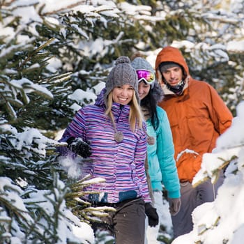 Three friends walking through snow winter forest