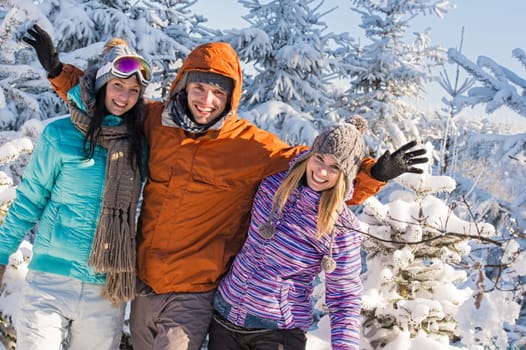 Friends enjoy winter holiday break snow mountains sunny sport