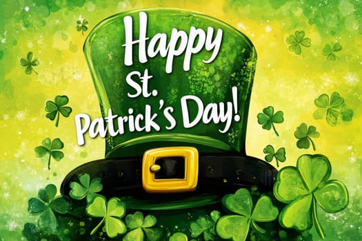 happy st. patrick's day with shamrocks and leprechaun hat..