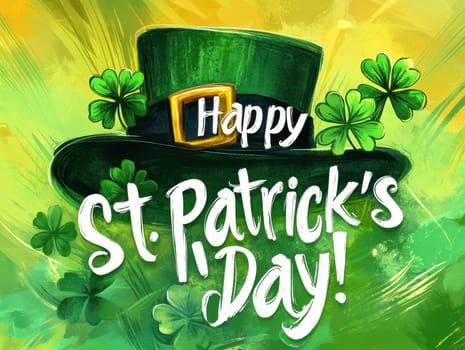 happy st. patrick's day with shamrocks and leprechaun hat..