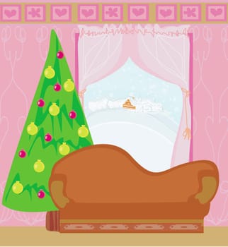 Fashionable interior of living room with Christmas tree