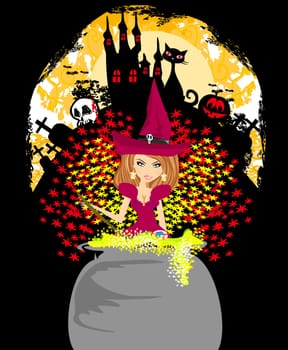 halloween invitation - witch, haunted castle, skull