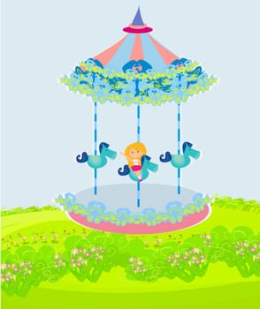 child playing on the carousel