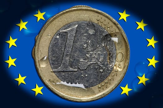 Illustration on the topic of finance - Currency symbol - 1 Euro - Water drops on Europe symbol