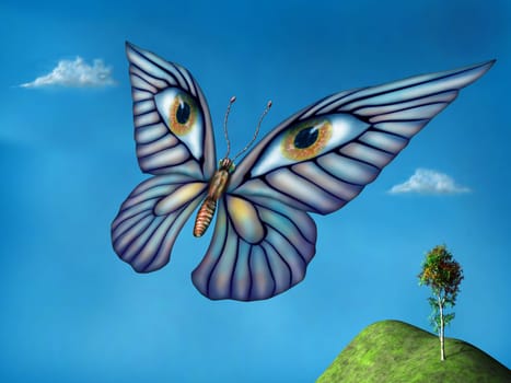 Stylized surreal butterfly flying above green hills on a summer day