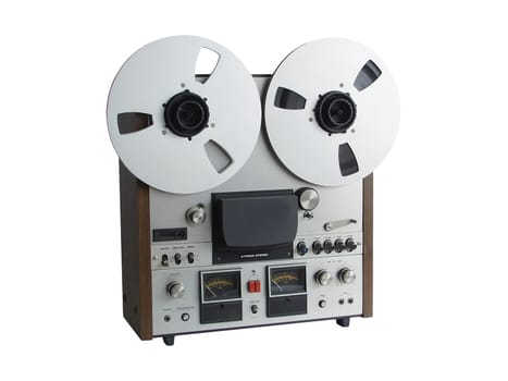 Old-fashioned large reel tape machine with two large coils against a white background