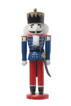 Handmade and painted wooden nutcracker man against a white background