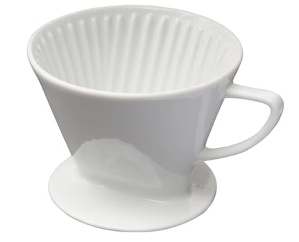 Ancient coffee filter made of white porcelain against a white background