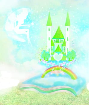 Magic world of tales, fairy castle appearing from the book