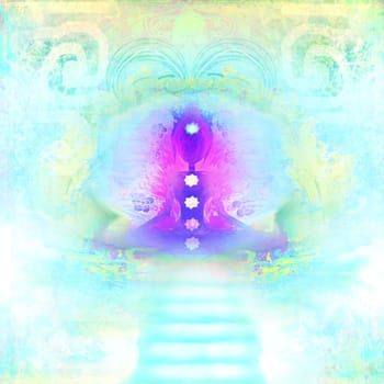 Yoga lotus pose. Padmasana with colored chakra points.
