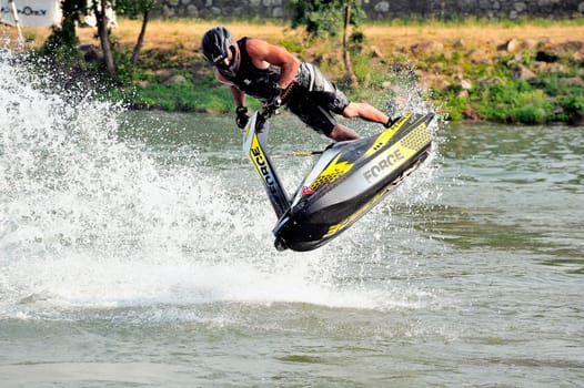 Ales - France - on July 14th, 2013 - Championship of France of Jet Ski on the river Gardon. lifting category or freestyle
