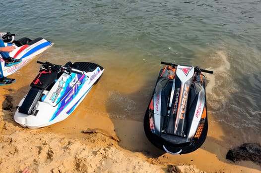 Ales - France - on July 14th, 2013 - Championship of France of Jet Ski on the river Gardon. lifting category or freestyle