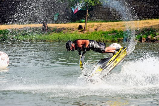 Ales - France - on July 14th, 2013 - Championship of France of Jet Ski on the river Gardon. lifting category or freestyle