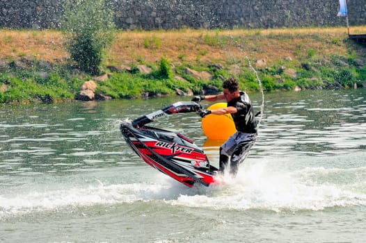 Ales - France - on July 14th, 2013 - Championship of France of Jet Ski on the river Gardon. lifting category or freestyle