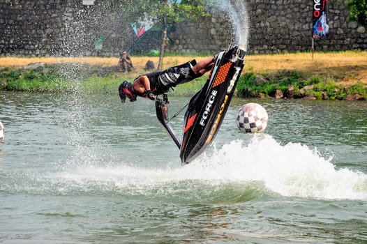 Ales - France - on July 14th, 2013 - Championship of France of Jet Ski on the river Gardon. lifting category or freestyle