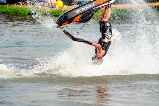 Ales - France - on July 14th, 2013 - Championship of France of Jet Ski on the river Gardon. lifting category or freestyle
