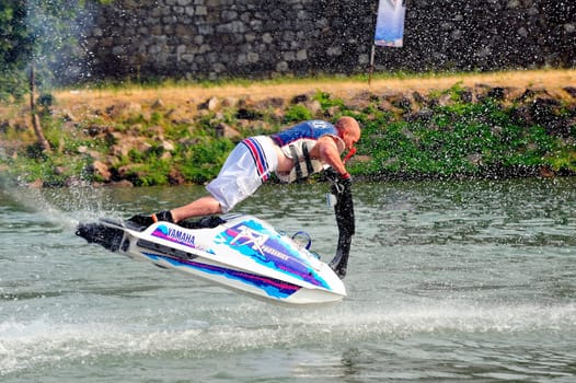 Ales - France - on July 14th, 2013 - Championship of France of Jet Ski on the river Gardon. lifting category or freestyle
