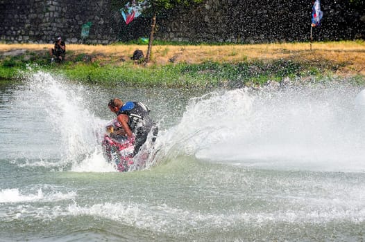 Ales - France - on July 14th, 2013 - Championship of France of Jet Ski on the river Gardon. lifting category or freestyle