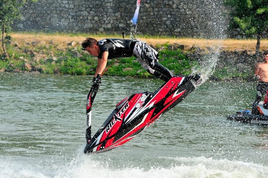 Ales - France - on July 14th, 2013 - Championship of France of Jet Ski on the river Gardon. lifting category or freestyle