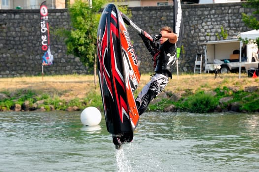 Ales - France - on July 14th, 2013 - Championship of France of Jet Ski on the river Gardon. lifting category or freestyle