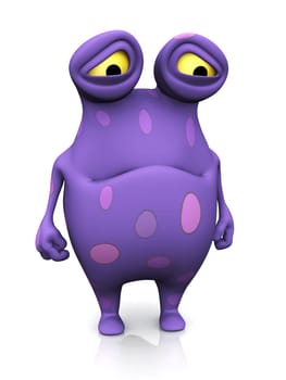 A cute charming cartoon monster looking very sad. The monster is purple with big spots. White background.