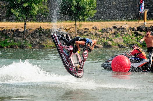Ales - France - on July 14th, 2013 - Championship of France of Jet Ski on the river Gardon. lifting category or freestyle
