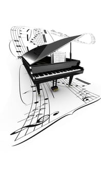 3D opened grand piano on a long flying partition. White background