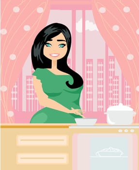 Beautiful lady cooking soup