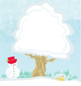 Winter tree background - landscape with a house, Christmas trees and snowman