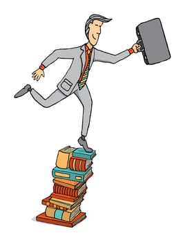 Businessman stepping on a pile of books