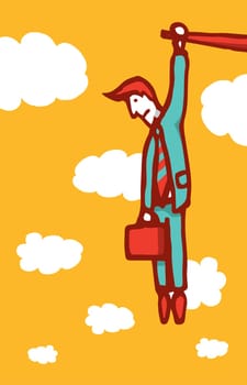 Businessman hanging on a ledge