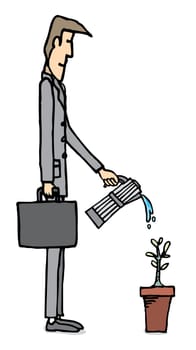 Businessman watering plant / Business growing