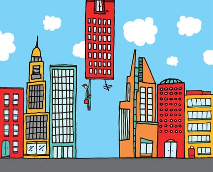 Businessman hanging on an upside down office
