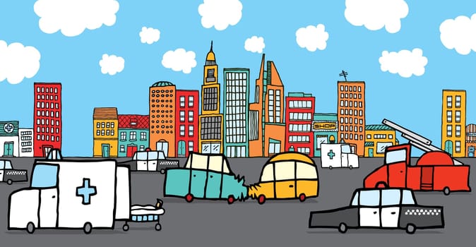 Crashed cars surrounded by service vehicles