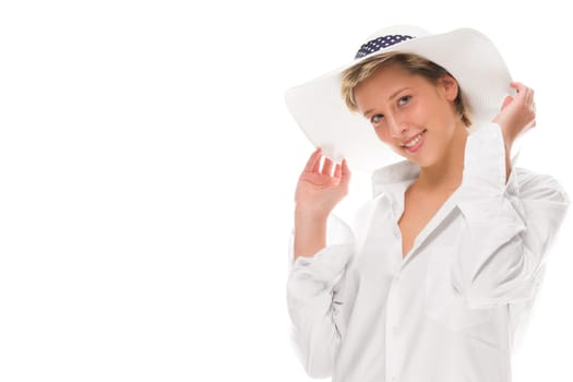 Laughing woman with sun hat on a white background