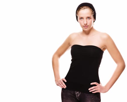 Young girl dressed in black on a white background