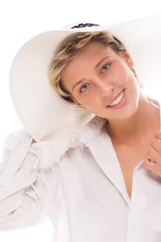 Happy young woman with sun hat on white background